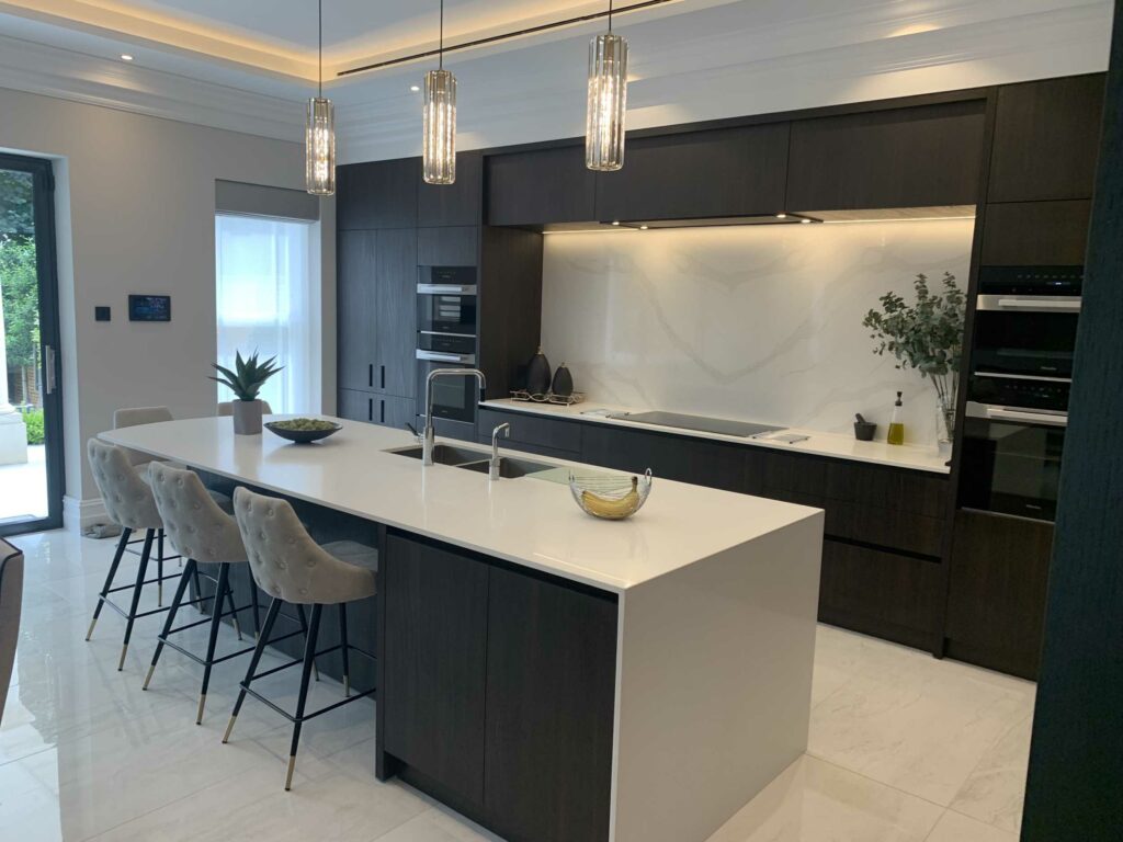 Italian Range Kitchen with Wood-Finish Cabinets: View to Window