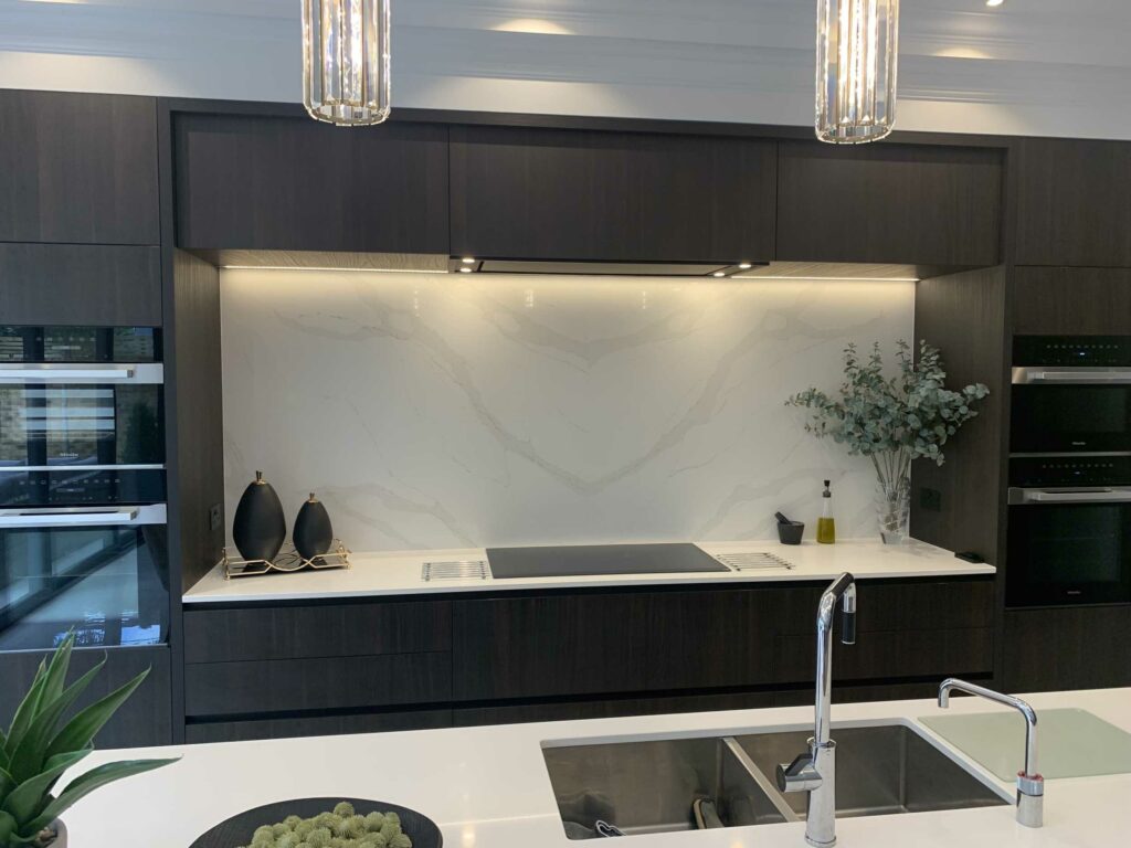 Italian Range Kitchen with Wood-Finish Cabinets - View of Backsplash